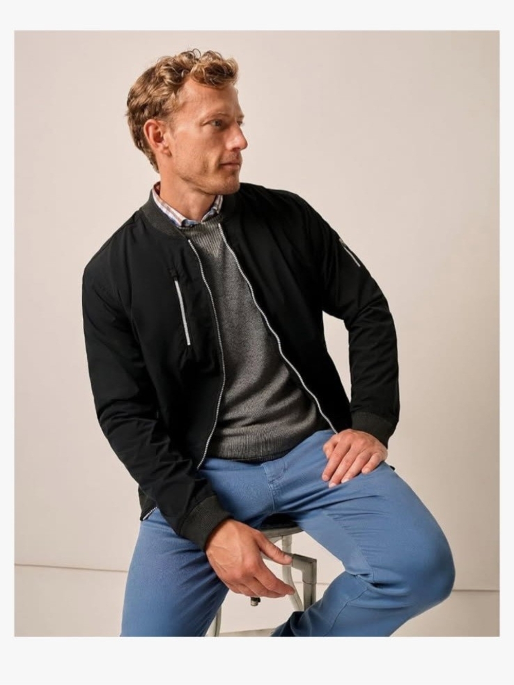 Men's Navy Bomber Jacket - Classic Zip Front